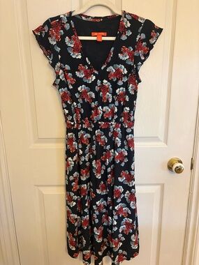 Joe Fresh Navy Midi Dress with Red and Light Blue Floral Print